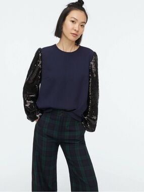 J. Crew Sequin Sleeve Crepe Blouse in Blue & Black Sz XL Sz X-Large BNWT